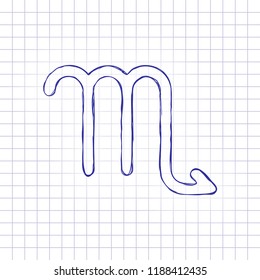Astrological sign. Scorpio simple icon. Hand drawn picture on paper sheet. Blue ink, outline sketch style. Doodle on checkered background