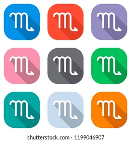 Astrological sign. Scorpio simple icon. Set of white icons on colored squares for applications. Seamless and pattern for poster