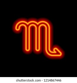 Astrological sign. Scorpio simple icon. Orange neon style on black background. Light icon