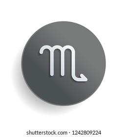 Astrological sign. Scorpio simple icon. White paper symbol on gray round button or badge with shadow