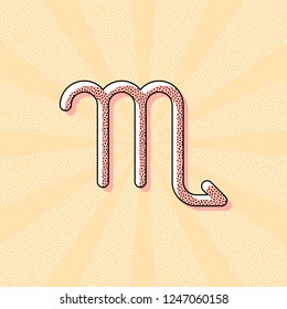 Astrological sign. Scorpio simple icon. Vintage retro typography with offset printing effect. Dots poster with comics pop art background