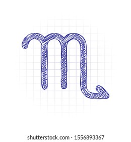 Astrological sign. Scorpio simple icon. Hand drawn sketched picture with scribble fill. Blue ink. Doodle on white background