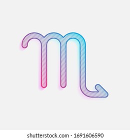 Astrological sign. Scorpio simple icon. Colored logo with diagonal lines and blue-red gradient. Neon graphic, light effect