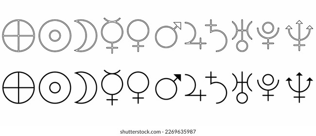 astrological sign set isolated on white background.Sun, Moon, Earth, Mercury, Venus, Mars, Jupiter, Saturn, Uranus, Neptune, Pluto Symbol