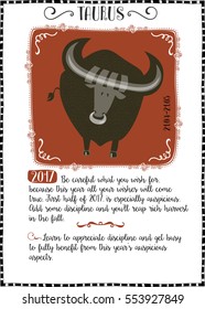 Astrological Sign of Taurus, with bull and 2017 horoscope forecast, hand drawn illustration