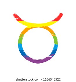 Astrological sign. Taurus simple icon. Drawing sign with LGBT style, seven colors of rainbow (red, orange, yellow, green, blue, indigo, violet
