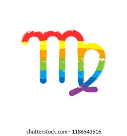 Astrological sign. Virgo simple icon. Drawing sign with LGBT style, seven colors of rainbow (red, orange, yellow, green, blue, indigo, violet