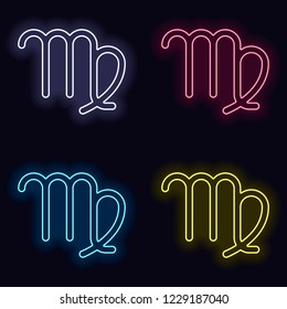Astrological sign. Virgo simple icon. Set of neon sign. Casino style on dark background.
