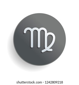 Astrological sign. Virgo simple icon. White paper symbol on gray round button or badge with shadow