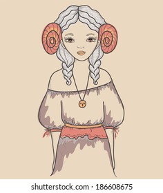 Astrological sign of the zodiac is Aries. Girl with horns on her head.