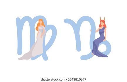 Astrological Sign or Sign of Zodiac with Female Near Virgo and Capricorn Symbol Vector Set