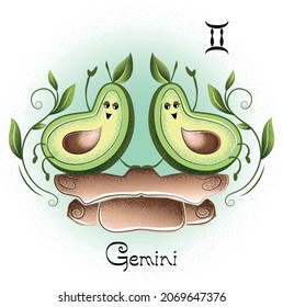 Astrological sign of the zodiac Gemini. Vector funny avocado character. Zodiac characteristics. Zodiac signs stylized as an avocado
