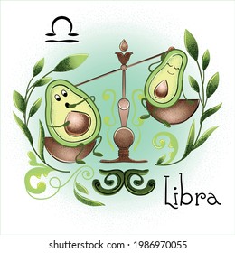 Astrological sign of the zodiac Libra. Vector funny avocado character. Zodiac characteristics. Zodiac signs stylized as an avocado

