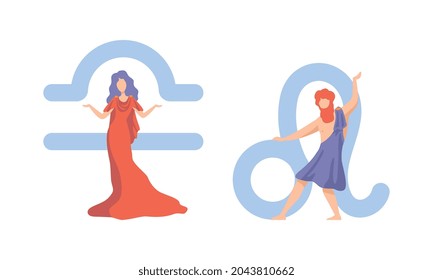 Astrological Sign or Sign of Zodiac with Male and Female Near Libra and Leo Symbol Vector Set