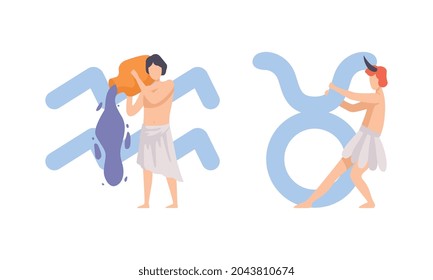 Astrological Sign or Sign of Zodiac with Male Near Aquarius and Taurus Symbol Vector Set