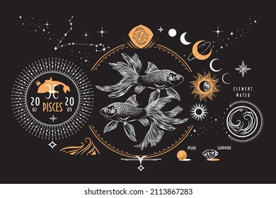 The astrological sign of the zodiac is Pisces. Realistic hand drawing of two fish on a dark background. Characteristics of the zodiac, stars, constellations, stones, symbols, icons, horoscope. 