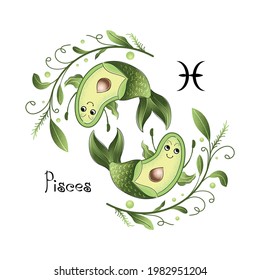 Astrological sign of the zodiac Pisces. Vector funny avocado character. Zodiac characteristics. Zodiac signs stylized as an avocado
