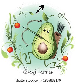 Astrological sign of the zodiac Sagittarius. Vector funny avocado character. Zodiac characteristics. Zodiac signs stylized as an avocado
