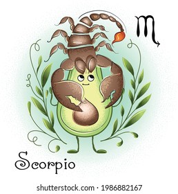 Astrological sign of the zodiac Scorpio. Vector funny avocado character. Zodiac characteristics. Zodiac signs stylized as an avocado
