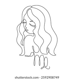 Astrological sign of the zodiac is Virgo, drawn with continuous line in minimalism, abstract, girl head, icon, horoscope symbol , one line, editable vector contour