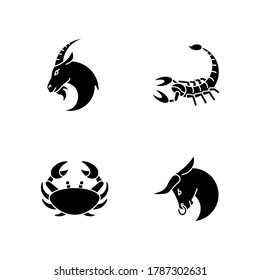 Astrological signs black glyph icons set on white space. Goat, crab, scorpion and bull zodiac silhouette symbols. Horoscope future prediction, esoteric fortune telling. Vector isolated illustrations