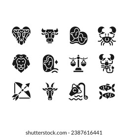 Signos astrológicos iconos glifos negros establecidos en el espacio blanco. Doce elementos zodiacos occidentales. Tipos de personalidad de constelaciones. Símbolos de silueta. Paquete de pictogramas sólido. Ilustración aislada del vector