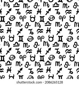 Astrological signs monochrome chaotic seamless pattern vector
