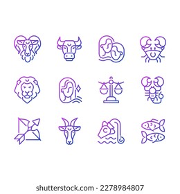 Signos astrológicos píxeles gradiente perfecto conjunto de iconos vectoriales lineales. Doce elementos zodiacales. Constelaciones de nacimientos. El símbolo de contorno delgado diseña el paquete. Colección de ilustraciones de esquema aisladas