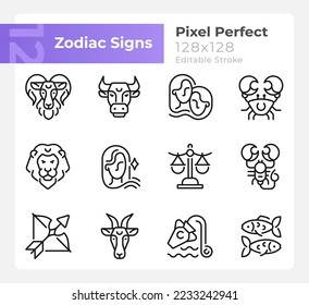 Astrological signs pixel perfect linear icons set. Twelve zodiac elements. Customizable thin line symbols. Isolated vector outline illustrations. Editable stroke. Montserrat Bold, Light fonts used