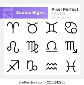 Astrological signs pixel perfect minimalistic linear icons set. Customizable thin line symbols. Isolated vector outline illustrations. Editable stroke. Montserrat Bold, Light fonts used