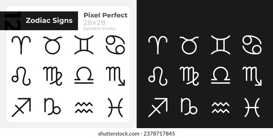 Astrological signs pixel perfect minimalistic linear icons set for dark, light mode. Thin line symbols for night, day theme. Isolated illustrations. Editable stroke. Montserrat Bold, Light fonts used