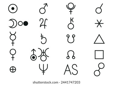 Astrological signs of planets, aspects and nodes isolated on white background. Simple icons for horoscope, natal chart, astronomy, jyotish, vedic astrology. Vector illustration. Set. Not AI created.