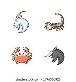 Astrological signs RGB color icons set. Goat, crab, scorpion and bull zodiac. Horoscope future prediction, esoteric fortune telling. Isolated vector illustrations
