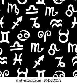 Astrological signs seamless pattern vector. Funny hand-drawn horoscope symbols - Aries, Taurus, Gemini, Cancer, Leo, Virgo, Libra, Scorpio, Sagittarius, Capricorn, Aquarius, Pisces