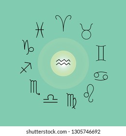 Astrological signs, Symbols of zodiac, horoscope, astrology and mystic signs vector illustration on a turquoise background