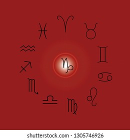 Astrological signs, Symbols of zodiac, horoscope, astrology and mystic signs vector illustration on a red background