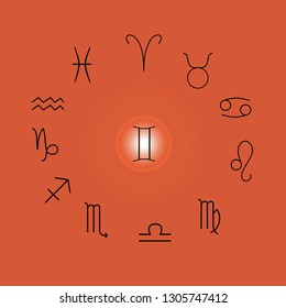 Astrological signs, Symbols of zodiac, horoscope, astrology and mystic signs vector illustration on a orange background
