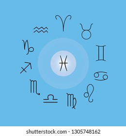 Astrological signs, Symbols of zodiac, horoscope, astrology and mystic signs vector illustration on a light blue background