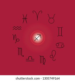 Astrological signs, Symbols of zodiac, horoscope, astrology and mystic signs vector illustration on a magenta background