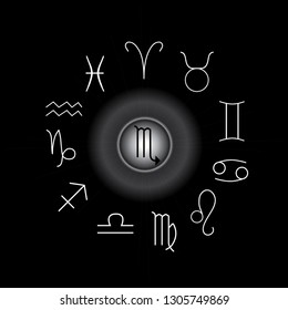 Astrological signs, Symbols of zodiac, horoscope, astrology and mystic signs vector illustration on a black background