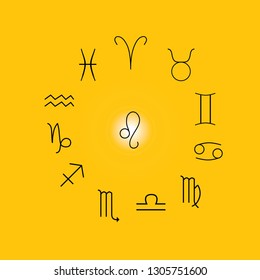 Astrological signs, Symbols of zodiac, horoscope, astrology and mystic signs vector illustration on a yellow background