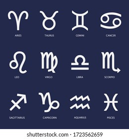 Astrological signs vector flat and simple style illustration set - White icons isolated on dark blue background