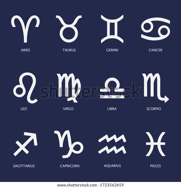 Astrological signs\
vector flat and simple style illustration set - White icons\
isolated on dark blue\
background