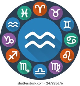 Astrological signs of the zodiac circle - Aquarius. Flat circle icons with long shadow. Vector Illustration.