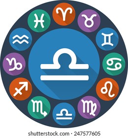 Astrological signs of the zodiac circle - Libra. Flat circle icons with long shadow. Vector Illustration.
