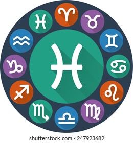 Astrological signs of the zodiac circle - Pisces. Flat circle icons with long shadow. Vector Illustration.