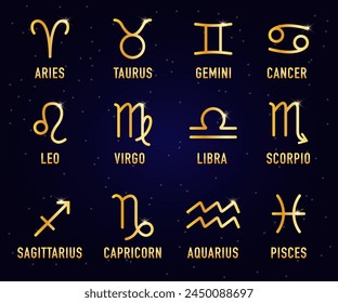 Astrological signs of the zodiac. Zodiac gold signs Aries, Taurus, Leo and Gemini horoscope, Virgo, Scorpio, Libra, Aquarius zodiac, Sagittarius, Pisces, Capricorn, Cancer. Vector illustration