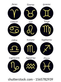 Astrological signs of the zodiac. Icon set with constellations: Aries, Leo, Virgo, Libra, Scorpio, Capricorn, Aquarius, Sagittarius, Pisces, Taurus, Gemini, Cancer.