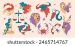 Astrological signs of the zodiac on a white background.Aries, Taurus, Leo, Gemini, Virgo, Scorpio, Libra, Aquarius, Sagittarius, Pisces, Capricorn, Cancer. Zodiac constellations. Vector illustration.