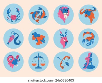  Astrological signs of the zodiac on a white background.Aries, Taurus, Leo, Gemini, Virgo, Scorpio, Libra, Aquarius, Sagittarius, Pisces, Capricorn, Cancer. Zodiac constellations. Vector illustration.